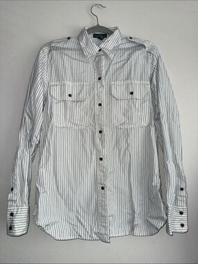 Ralph Lauren White Button-Down Shirt with Navy Pinstripes %100 cotton